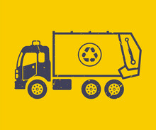 Black Icon Of Garbage Truck Taking Out Urban Waste In Grunge Style. Flat Vector Illustration.