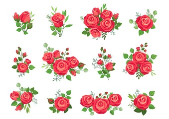 Wall Mural - Red roses bouquets. Rose collection, bouquet with flowers and green branches. Wedding decor, isolated floral compositions for cards and invitation, vector set