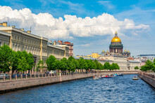 St. Isaac's Cathedral And Moyka River In Summer, Saint Petersburg, Russia