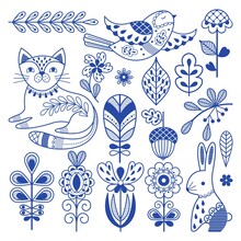 Blue Folk Finnish. Swedish Design Borders, Ornament Scandinavian Folklore Art. Rustic Decor, Nordic Nature Floral Elements. Cat, Bird And Rabbit Nowaday Vector Set