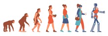 Woman Evolution. Prehistoric Woman Gradual Progress. Human Development Sequence Stages Set. Isolated Caveman And Worker Characters. Vector Evolutionary Process From Monkey To Robot