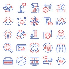 Business icons set. Included icon as Business report, Medical tablet, Idea signs. Buildings, Seo gear, Mattress symbols. Calendar discounts, Versatile, Sunny weather. Video conference. Vector