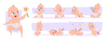 Newborn Characters. Little Funny Baby Bathing And Playing With Toys Sleep In Diaper Exact Vector Toddler Kids
