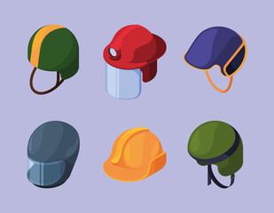 Poster - Helmet isometric. Workers and sport helmets collection diving bikes risk security protection caps hats for astronauts and vr gamers garish vector set