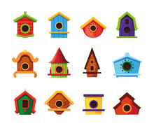 Colored Bird Houses. Wooden Roofed Living Containers For Flying Birds Trees Houses Garish Vector Flat Pictures Collection