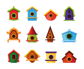 Wall Mural - Colored bird houses. Wooden roofed living containers for flying birds trees houses garish vector flat pictures collection