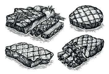 Sticker - Hand drawn sketch meat set. Steak, Barbecue vector illustration