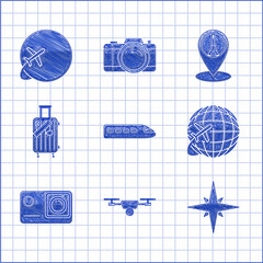 Wall Mural - Set Train, Drone flying with action video camera, Wind rose, Globe plane, Action extreme, Suitcase for travel and stickers, Map pointer Eiffel tower and icon. Vector