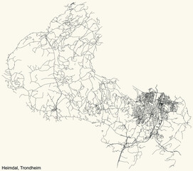 Detailed navigation black lines urban street roads map  of the quarter HEIMDAL BOROUGH of the Norwegian regional capital city of Trondheim, Norway on vintage beige background