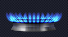 Realistic Gas Burner With Blue Flame. Burner Of Modern Gas Stove Or Oven For Food Cooking