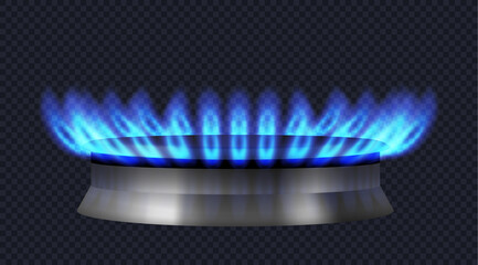 Realistic gas burner with blue flame. Burner of modern gas stove or oven for food cooking