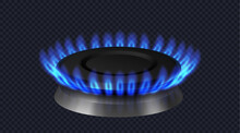 Modern Gas Burner With Blue Flame. Front View Gas Burner Ring. Realistic Burner Propane Butane Oven