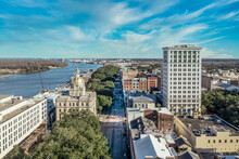 Aerial View Of Savannah Georgia Historic Center With City Hall The Savannah River Johnson Square Business Center High Rise Mid Century Office Building