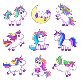 Fototapeta Dinusie - Cute cartoon unicorn. Unicorns design, fashion baby elements. Girl animals, cutie magic horses and pony. Garish objects for birthday or party vector set