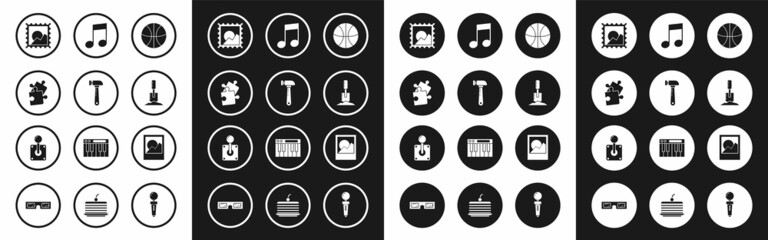 Poster - Set Basketball ball, Hammer, Piece of puzzle, Picture landscape, Shovel in the ground, Music note, tone, Photo frames and Joystick for arcade machine icon. Vector