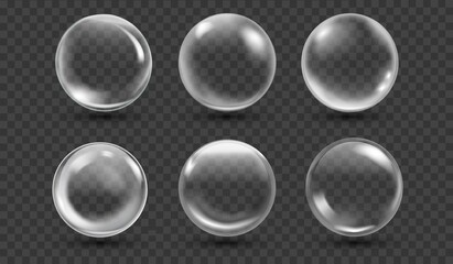 Realistic glass globe. 3d glossy transparent crystal sphere, round orb water clear drop, circle optical bead, soap bubble, gloss shiny empty button, isolated tidy vector illustration