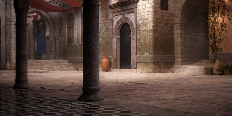 Poster - Empty courtyard in an Arabian town with stone buildings, tiled floor, plant pots and dappled sunlight. 3D illustration.