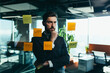 © Liubomir - businessman in reflection at a glass task board, hangs plans on colored paper stickers, plans for the near future