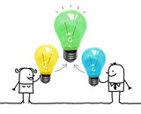 Fototapeta  - Cartoon Couple creating a new Idea with light bulbs