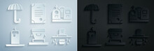 Set Coffin, Grave With Tombstone, Burning Candle, Coffin, Death Certificate And Umbrella Icon. Vector