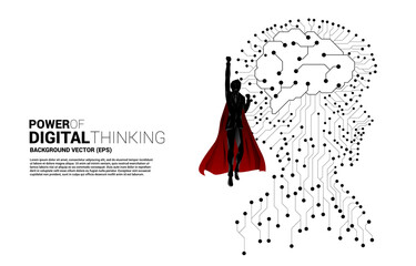 Poster - silhouette of superhero flying with man head from dot connect line circuit board style with processor . Concept background human future and technology