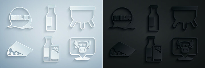 Poster - Set Bottle milk and glass, Udder, Cheese, Cow head, with and Lettering icon. Vector