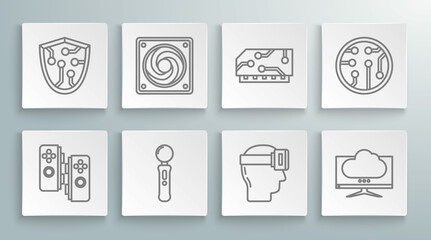 Wall Mural - Set line Gamepad, Computer cooler, Virtual reality glasses, monitor screen, RAM, random access memory, Processor and Cyber security icon. Vector