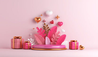 Wall Mural - Happy Valentines day display podium background with gift box, heart shape balloon, leaves copy space text, 3D rendering illustration