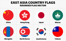 East Asia Country Flags. Rounded Flat Vector