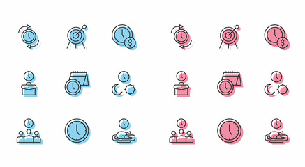 Sticker - Set line Time Management, Clock, with arrow, Food time, Calendar and clock, Day night, Work and Target sport icon. Vector