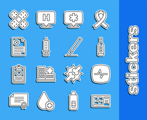 Wall Mural - Set line Monitor with cardiogram, Heart rate, Digital thermometer, Location hospital, Syringe, Patient record, Crossed bandage plaster and Surgery scalpel icon. Vector