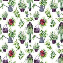 Seamless Pattern Spring Or Summer Watercolor Set With Girl, Green Leaves, Bag, Watering Can, Plant In Pot, Bouquet Of Roses On White Background. Green Art For Wrapping Sketchbook Wallpaper Card