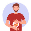 Man feel pain in stomach concept vector illustration. Stomach acid and digestive system problem. Gastritis acid reflux.