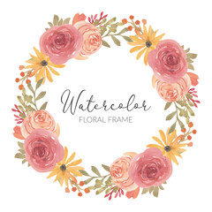 Wall Mural - Watercolor rose floral arrangement frame circle