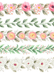 Wall Mural - Spring flowers seamless borders set. Collection of isolated clip art elements for design of invitations, cards. Arrangement of pink and white wildflowers.