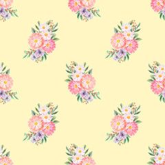 Wall Mural - Spring flowers seamless pattern. Botanical background. Arrangement of pink and white wildflowers.