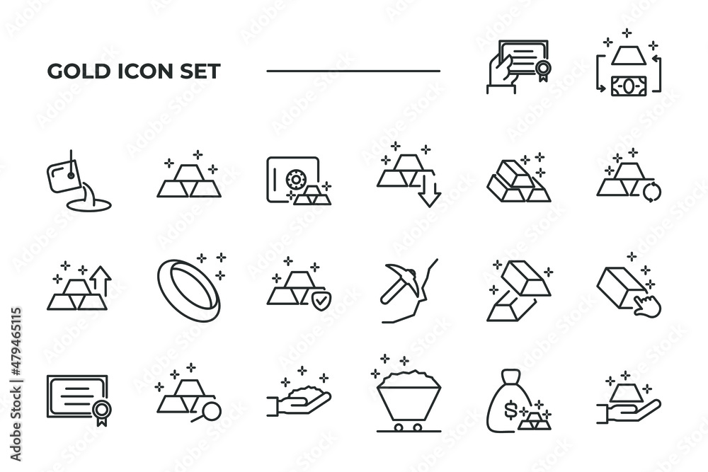 simple set of Gold vector icons with editable line styles covering gold ...