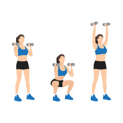 Woman doing Dumbbell thrusters. Squat to overhead press exercise. Flat vector illustration isolated on white background