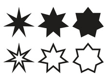 Star Shapes Collection. Silhouetes And Outline Seven Seven Pointed Stars. Simple Design Elements Set. Vector Illustration Isolated On White.