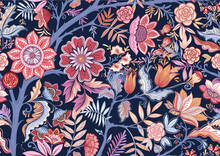 Seamless Pattern With Stylized Ornamental Flowers In Retro, Vintage Style. Colored Vector Illustration On Navy Blue Background.