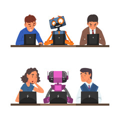 Sticker - Man and Woman Employee Competing with Robot Working at Laptop Vector Set