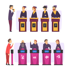 Poster - Quiz Show Host and Player Character Standing Ready to Press Button Vector Set