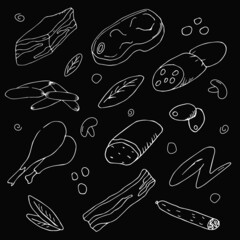 Hand-drawn doodle set with food. Black and white, meat, vegetables, olive, chicken. Vector food illustration. Good for site, menu, flyer or banner.