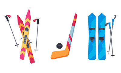 Sticker - Ice Hockey Stick and Ski with Pole Vector Set