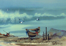 Watercolor Painting Art Class , Sea ,wave ,birds, Boat  Windy Seashore , Coast , Bay ,  Fishing Boats