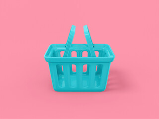 Poster - Blue mono color shopping hand cart on pink solid background. Minimalistic design object. 3d rendering icon ui ux interface element.