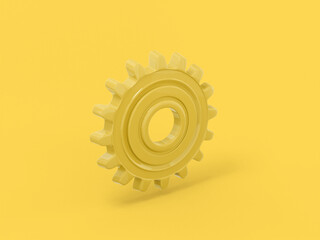 Poster - Yellow one color cog on yellow flat background. Minimalistic design object. 3d rendering icon ui ux interface element.