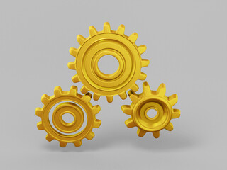 Poster - Gold single color gears on gray monochrome background. Minimalistic design object. 3d rendering icon ui ux interface element.