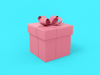 Poster - Pink mono color gift box with ribbon and bow on a blue solid background. Minimalistic design object. 3d rendering icon ui ux interface element.