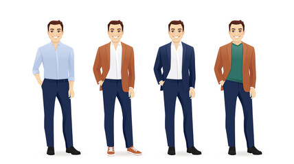 Wall Mural - Smiling hadsome business man in different style clothes standing set. Vector illustration isolated on white background